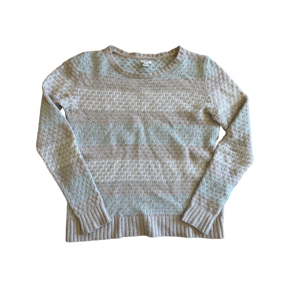 J.Crew Womens Lambswool Merino Wool Blend Striped Textured Sweater Beige Mint S